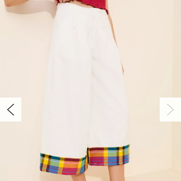 Anthropologie Pants - Anthropologie White Wide Leg Pants with Multicolor Plaid Trim